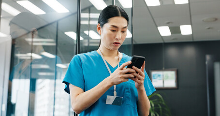 Poster - Woman, nurse and phone in hospital for news, schedule update and connectivity. Japanese surgeon, reading or mobile in clinic for patient feedback, telehealth services or healthcare email with results