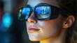 © harryaishi - A close-up of a person wearing futuristic glasses, reflecting colorful lights.