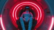 © harryaishi - A person in a futuristic VR headset sits in a glowing, circular chamber.