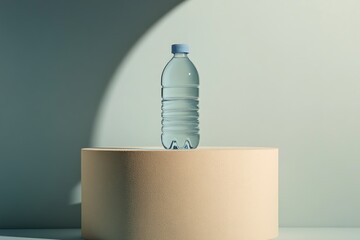 Wall Mural - Water Bottle on a Beige Platform Against a Light Blue Background