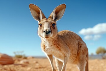 a kangaroo hopping across the australian outback, with dusty red soil and distant eucalyptus trees