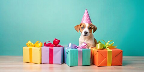 Wall Mural - Adorable Puppy in Party Hat with Colorful Presents