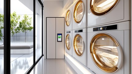 Hostel laundry area, vertical stack washer-dryer, eco-setting display, detergent vending machine