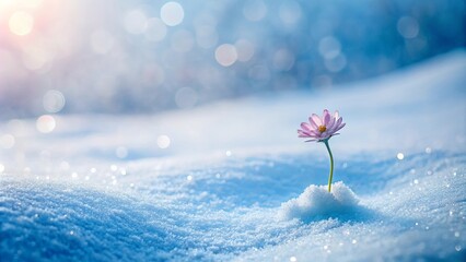 Canvas Print - A single delicate flower bravely blooms amidst a pristine, snow-covered landscape, bathed in soft, winter sunlight.