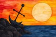© Sanchai - Anchor leaning against a coastal rock, illustrated in vibrant watercolor with warm sunset hues blending into the background
