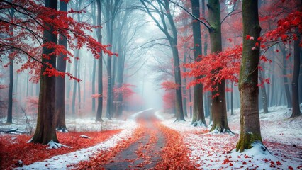 Sticker - A snow-dusted path winds through a mystical forest, vibrant red leaves carpeting the ground amidst tall, slender trees in a serene winter scene.