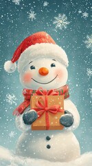 Wall Mural - a cute smiling snowman holding a gift box - christmas greeting card design