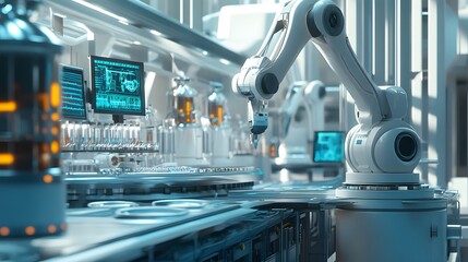 a largescale biopharmaceutical manufacturing facility where advanced robotics work alongside bioreac