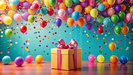 Wall Mural - Celebration Gift Box Surrounded by Colorful Balloons and Confetti