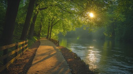 Sticker - Golden Hour Serenity: A Picturesque River Walk Path