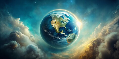 Wall Mural - a celestial orb earth surrounded by dramatic clouds and a glowing halo