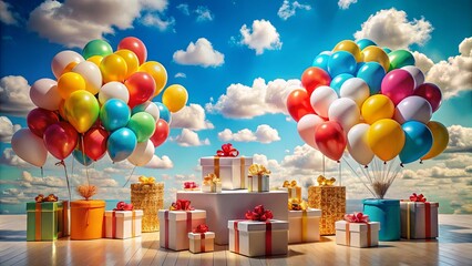 Wall Mural - A festive scene of colorful balloons ascending against a vibrant sky, alongside an array of beautifully wrapped presents, creating a joyous and celebratory atmosphere.