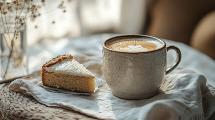 Wall Mural - A serene morning setup with a handmade ceramic cup of coffee on a linen napkin, accompanied by a slice of cake 