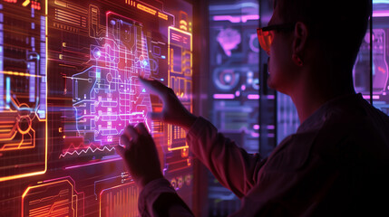 Wall Mural - a person interacting with a 3d hologram of a layered firewall system, highlighting active protection