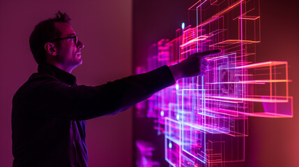 Wall Mural - a person interacting with a 3d hologram of a layered firewall system, highlighting active protection