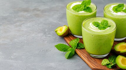 Wall Mural - Refreshing green smoothies topped with mint leaves, served in clear glasses on a wooden board, perfect for a healthy drink.