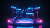 Floating electronic drum set with neon outlines, dark background, futuristic
