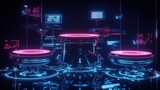 Floating electronic drum set with neon outlines, dark background, futuristic, high-tech design