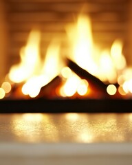 Cozy fireplace with warm, glowing embers and blurred background.