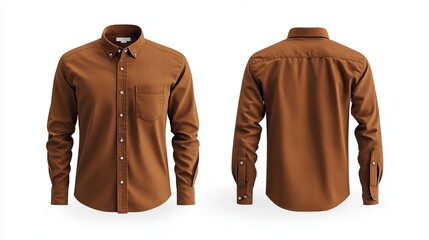 Wall Mural - brown casual or business button up shirt mockup template, front and back view. on white background