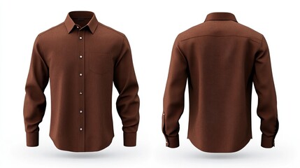 Wall Mural - brown casual or business button up shirt mockup template, front and back view. on white background