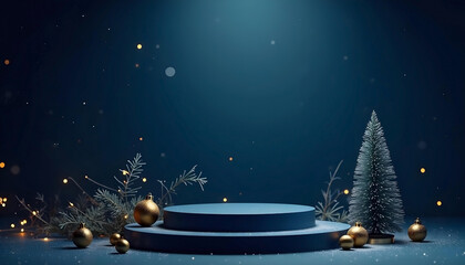 Wall Mural - Blue dark luxury podium with gold Christmas decorations