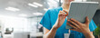 © Wesley JvR/peopleimages.com - Hands, person and nurse for tablet at hospital of surgery schedule, healthcare research and medical records. Surgeon, scroll and digital of patient information, Telehealth and history report in Japan