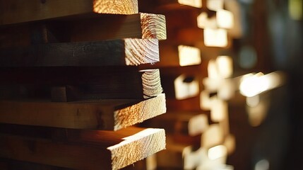 Close-up of neatly stacked lumber, showcasing wood grain and texture with warm lighting.