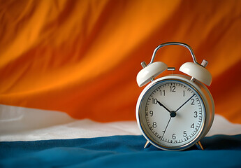 A white alarm clock on an orange and blue background, Time management concept.