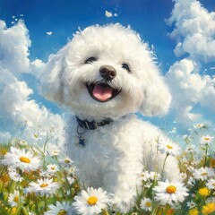 A happy white dog sitting in a field of daisies, with a blue sky and fluffy clouds in the background.