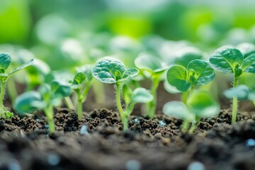 Wall Mural - Tiny green seedlings sprouting in soil.