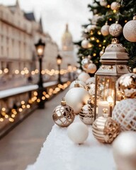 Wall Mural - Elegant Christmas ornaments and lantern on snowy surface with blurred city background.