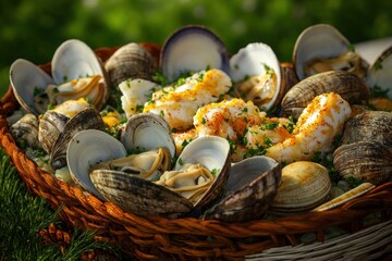 Wall Mural - A delicious seafood platter featuring fresh clams and shrimp, beautifully arranged in a woven basket.