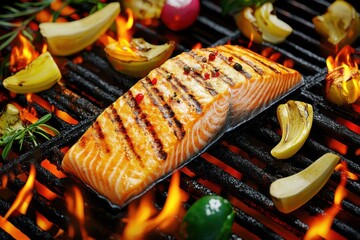 Poster - Grilled salmon fillet garnished with herbs, surrounded by vibrant flames and fresh vegetables.