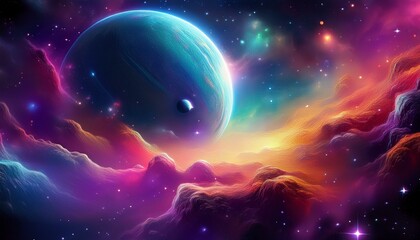 colorful nebula with planet and starfield
