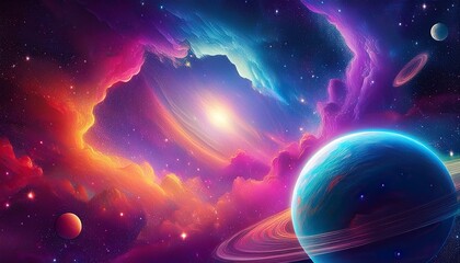 colorful nebula with planet and starfield