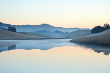 Poster - Serene sunrise, tranquil lake mirroring rolling hills.