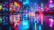 © Chanida - Vibrant city street at night, illuminated signs reflecting on wet pavement.
