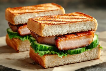 Wall Mural - Delicious grilled pork belly sandwiches with fresh cucumber and lettuce, served on toasted bread.