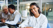 © peopleimages.com - Portrait, business and women in meeting, smile and happiness with teamwork, app and journalist. Person, copywriting and magazine editor with research for article, schedule or technology in office