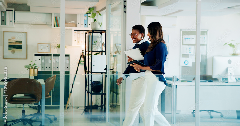 Business women, lawyer and conversation with walking, communication and smile from teamwork and discussion. Job, office and attorney workers together with diversity of professional team at law firm