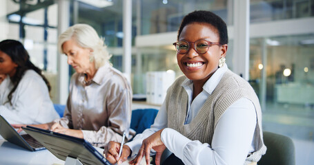 Poster - Portrait, business and women in meeting, tablet and happiness with teamwork, funny and journalist. Person, copywriting and magazine editor with deadline for article, schedule or smile with technology
