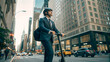 © Hq Visual Studio - Elegant handsome business man in suit and helmet riding standing electric scooter in the city, modern eco transportation, active people