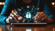 © Business Pics - Cyber security and data protection. Businessman using digital tablet protecting business and financial data with virtual ction, smart solution from cyber attack, innovation technology