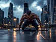© flixxstudio - Muscular man doing a kneeling exercise outdoors at night in a city.