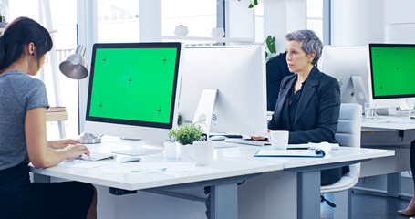 Green screen, computer and business people in office with research for stock market. Technology, tracking markers and financial advisors on desktop with chroma key for capital gain investment report.
