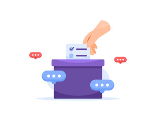 concept of voting. elections, voting, and democracy. illustration of hand inserting ballot into ballot box. symbol or icon. flat style design. element