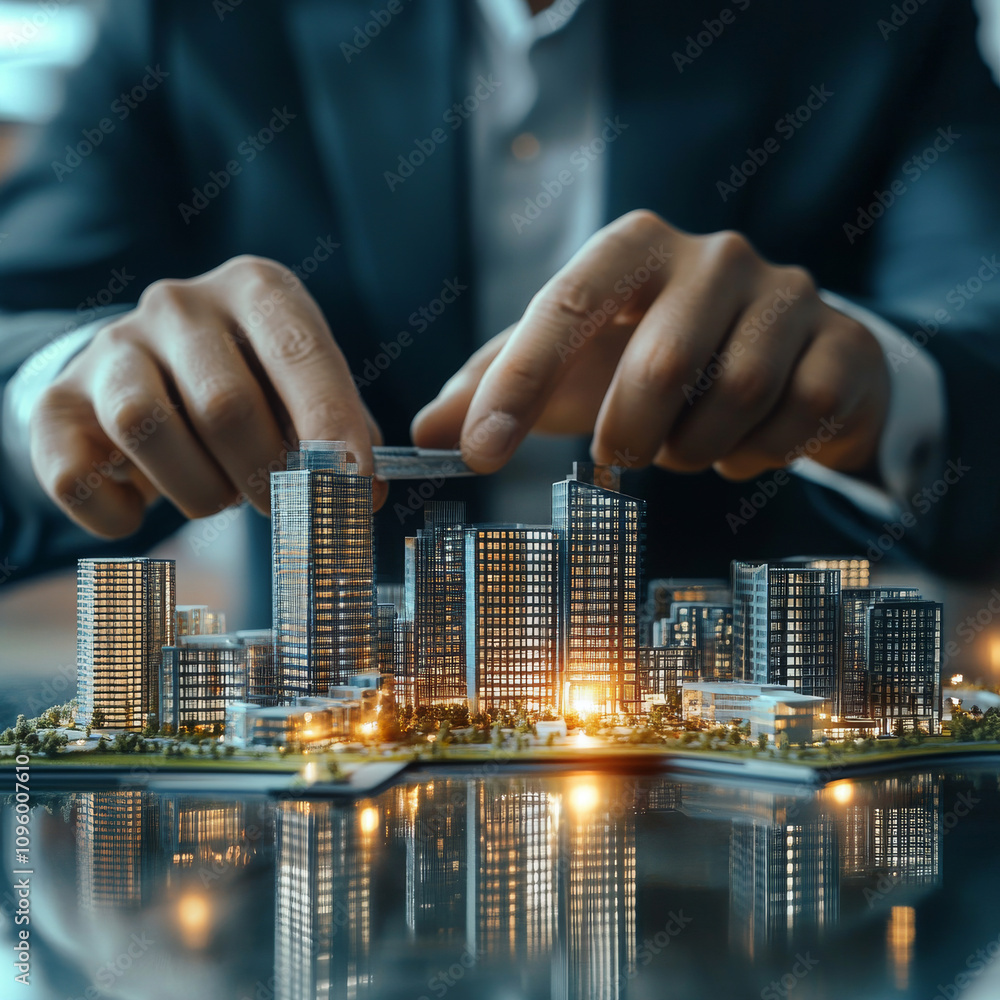 A businessman designing a modern building for real estate investment ...