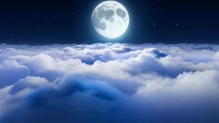 Aufkleber - A luminous full moon glows brightly over a sea of soft, white clouds during a calm night, creating a peaceful atmosphere under a starry sky.