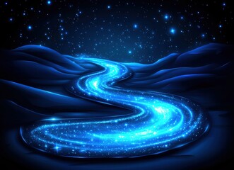 Wall Mural - Enchanting Night Sky with a Glittering Blue River Winding Through the Serene Hills Under a Starry Horizon for Dreamy and Mystical Concepts
